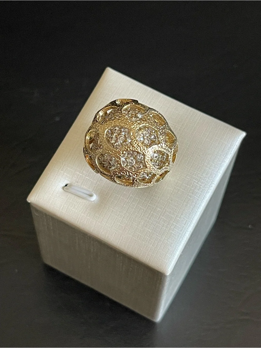 matte gold cage style rhinestone dome Ring.